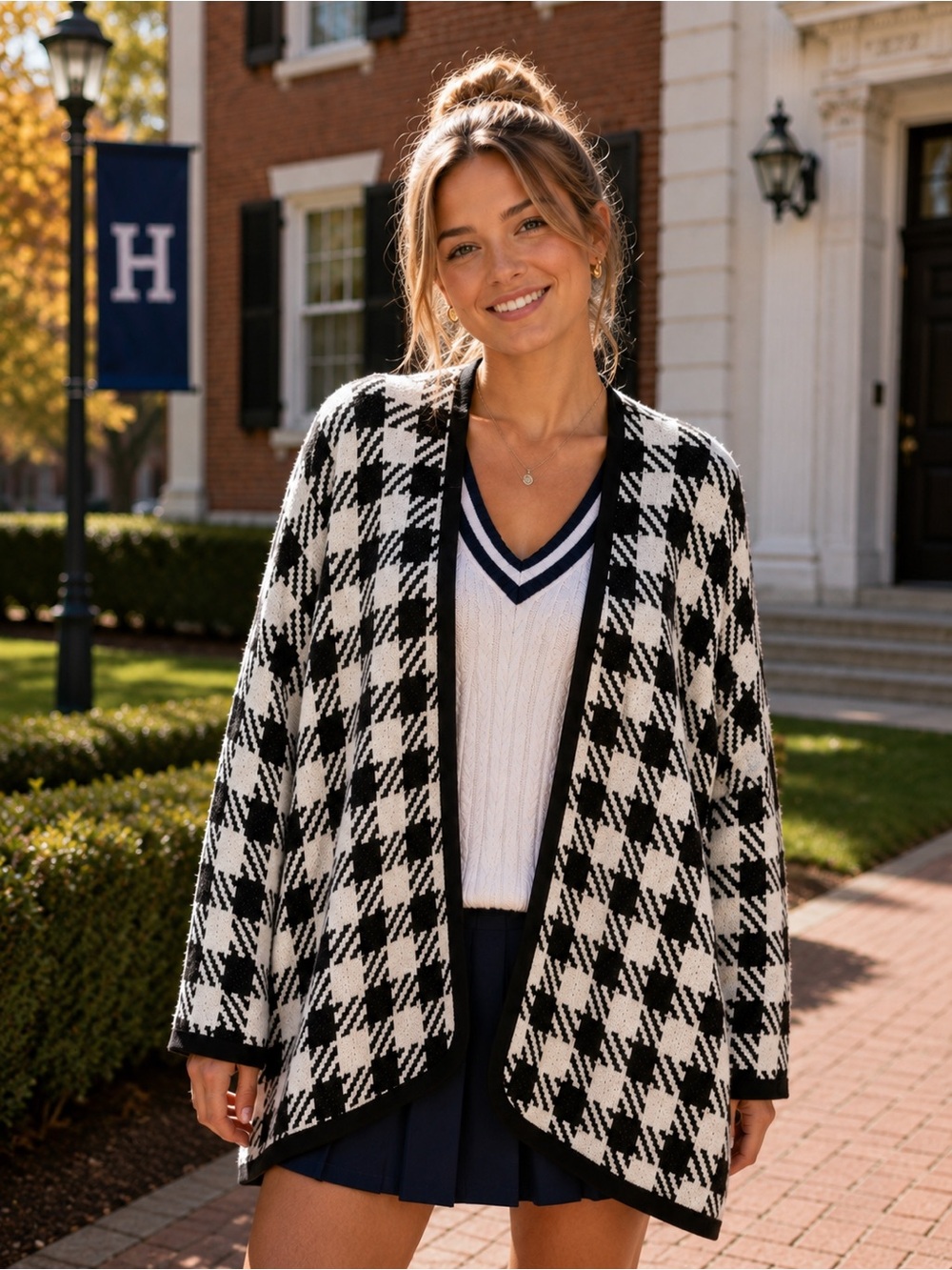 POL Houndstooth Open Front Cardigan Black White Oversized Medium